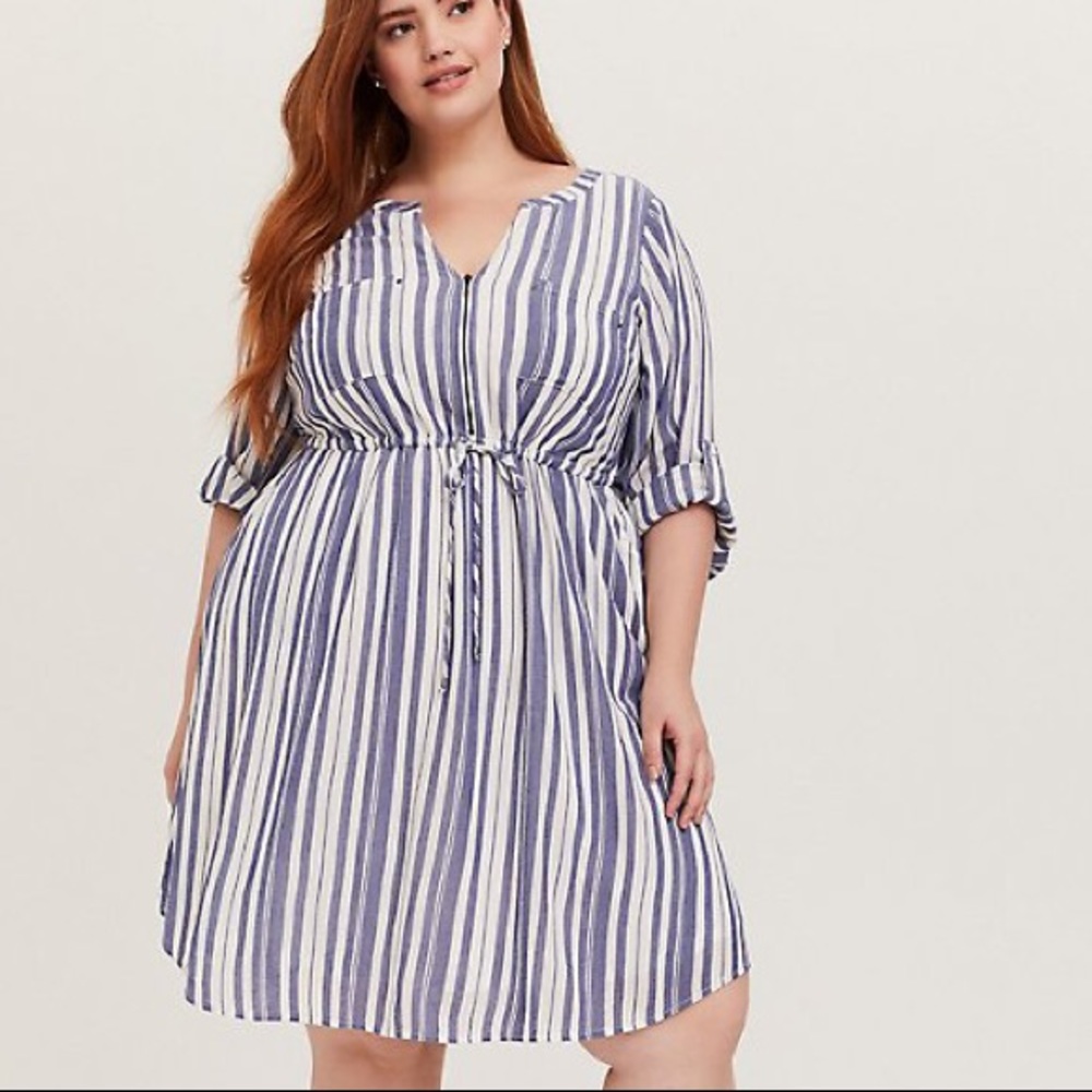 Torrid blue & white striped zip front shirt dress